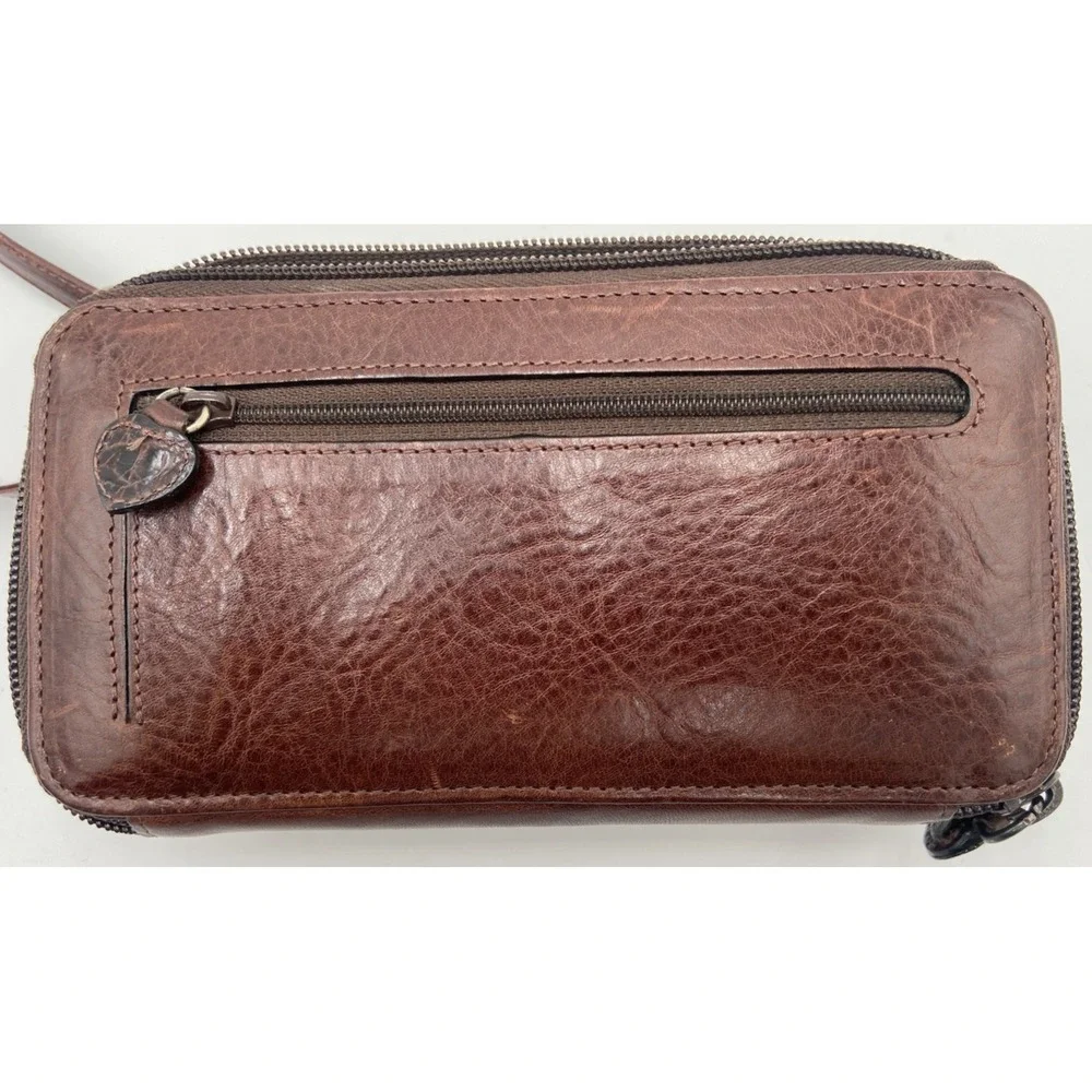 BRIGHTON Vintage Crossbody Purse Wallet Black Brown Leather Strap Travel Clutch